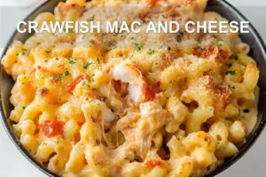 CRAWFISH MAC AND CHEESE centered hero view, clean and uncluttered