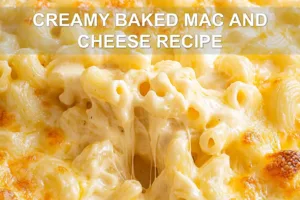 CREAMY BAKED MAC AND CHEESE RECIPE centered hero view, clean and uncluttered