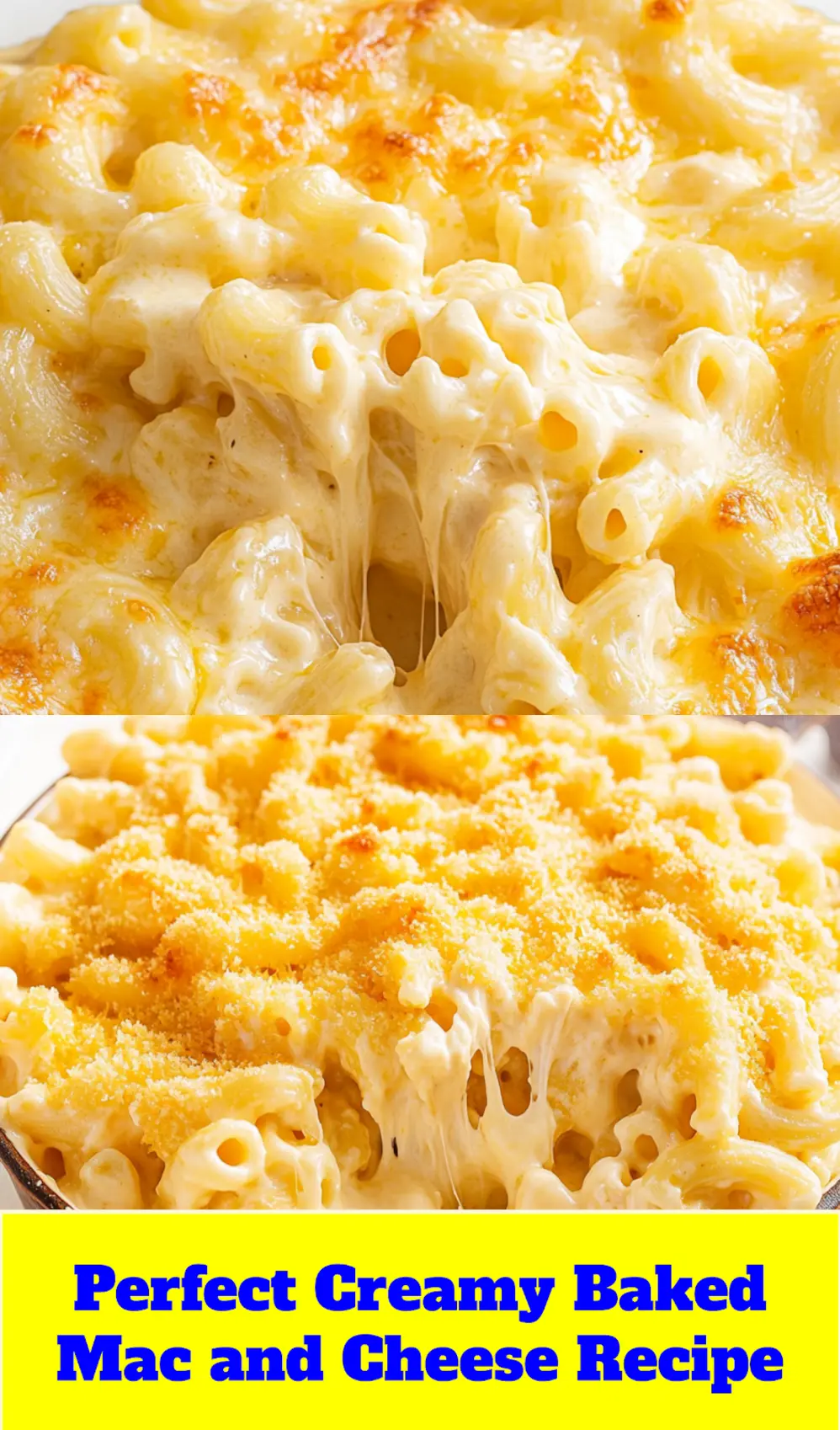 CREAMY BAKED MAC AND CHEESE RECIPE centered hero view, clean and uncluttered_pin