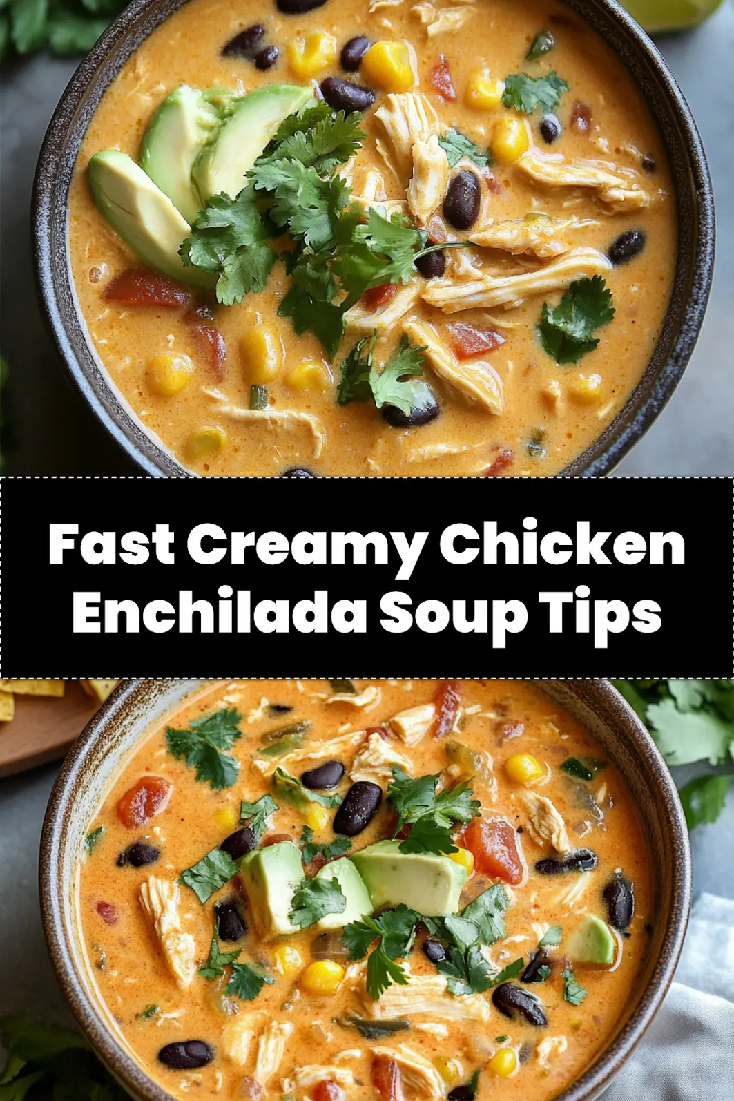 CREAMY CHICKEN ENCHILADA SOUP centered hero view, clean and uncluttered_pin