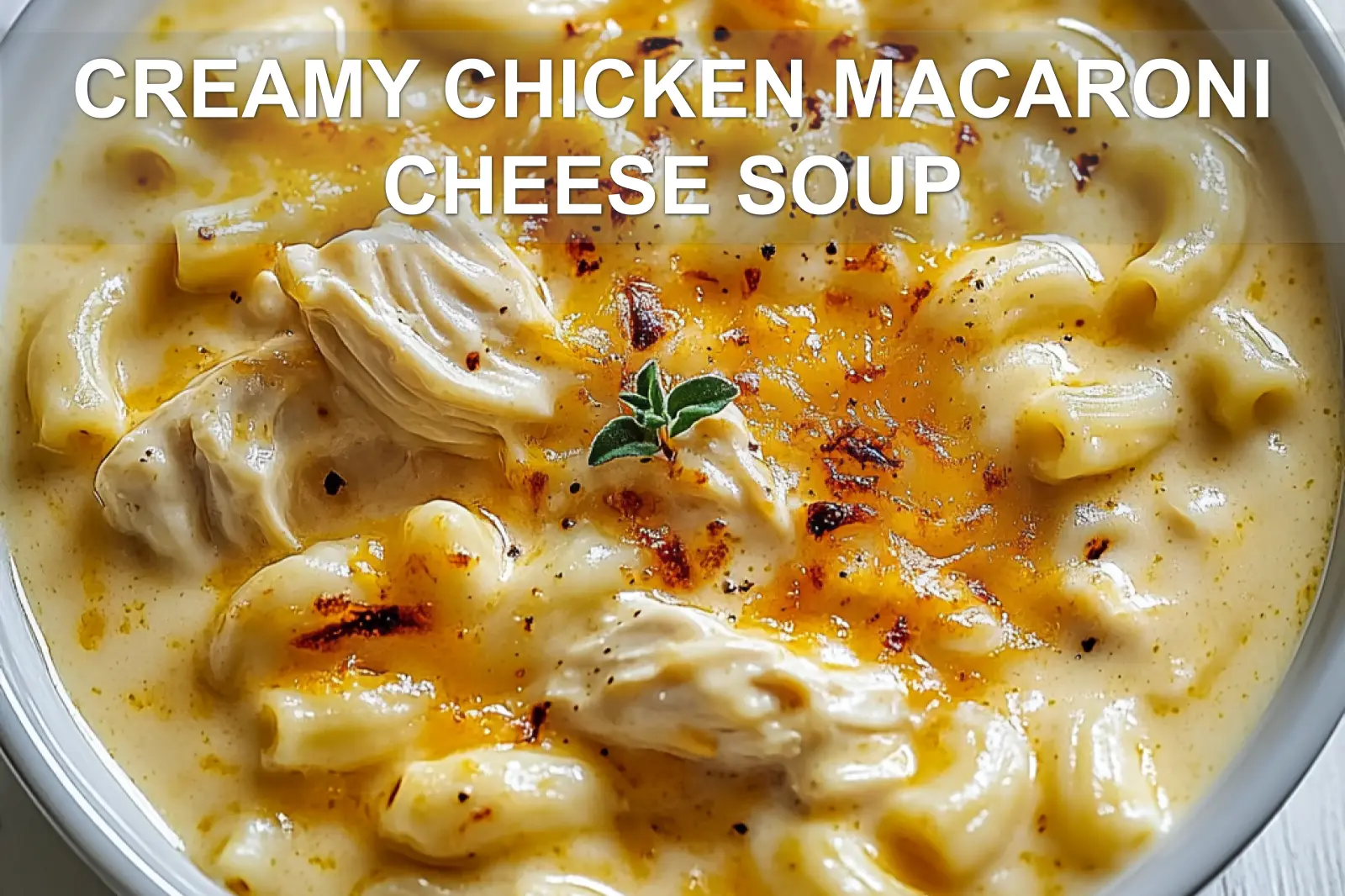 How to Make Creamy Chicken Macaroni Cheese Soup 2 CREAMY CHICKEN MACARONI CHEESE SOUP centered hero view, clean and uncluttered