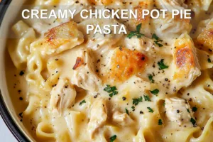 Quick Creamy Chicken Pot Pie Pasta for Families CREAMY CHICKEN POT PIE PASTA centered hero view, clean and uncluttered