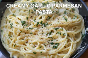 CREAMY GARLIC PARMESAN PASTA centered hero view, clean and uncluttered