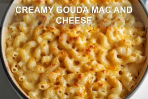CREAMY GOUDA MAC AND CHEESE centered hero view, clean and uncluttered