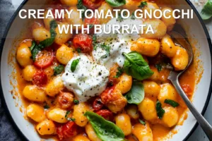 CREAMY TOMATO GNOCCHI WITH BURRATA centered hero view, clean and uncluttered