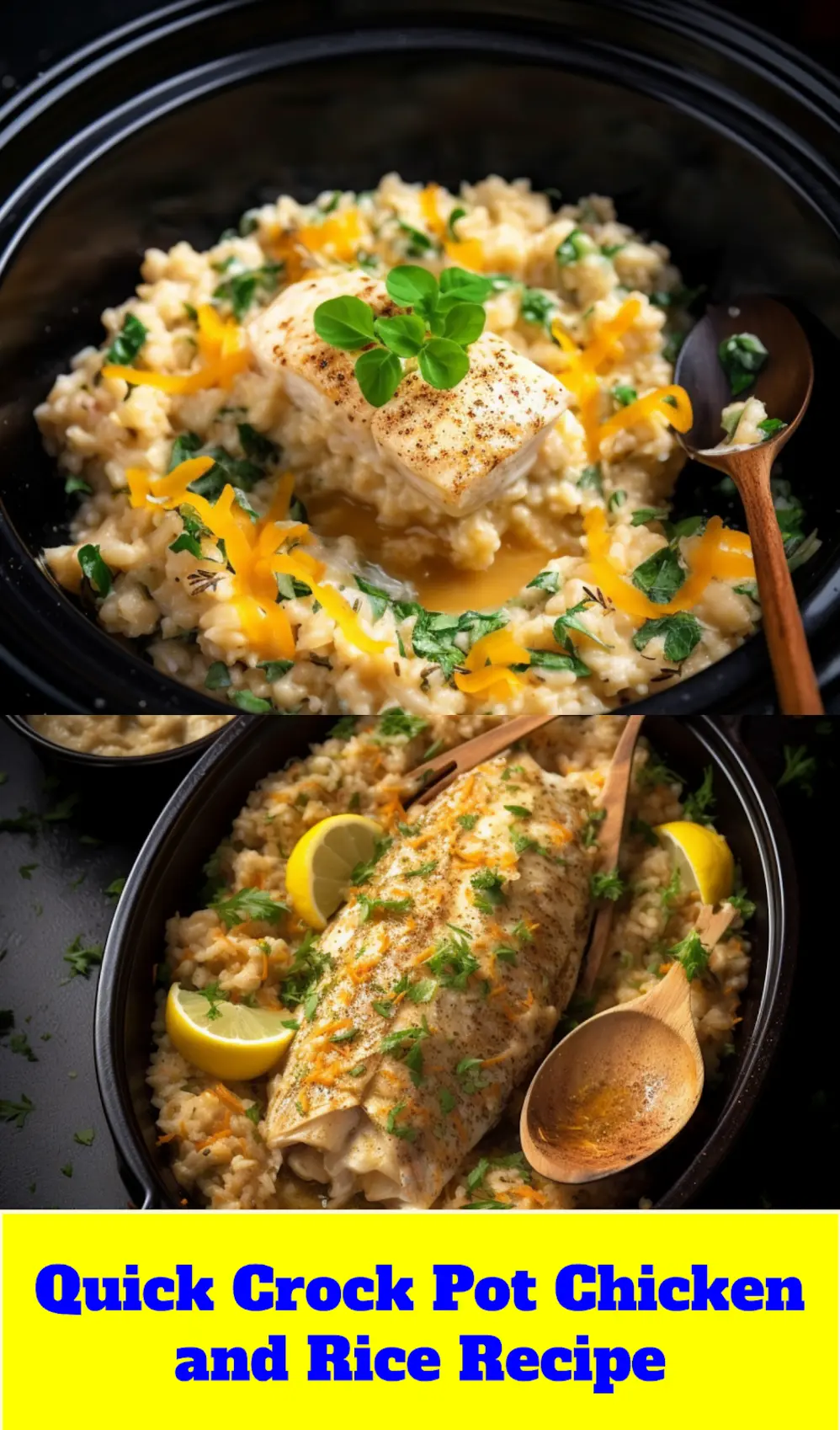 CROCK POT CHICKEN AND RICE RECIPE centered hero view, clean and uncluttered_pin