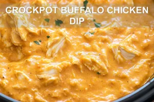 Irresistibly Delicious Crockpot Buffalo Chicken Dip CROCKPOT BUFFALO CHICKEN DIP centered hero view, clean and uncluttered