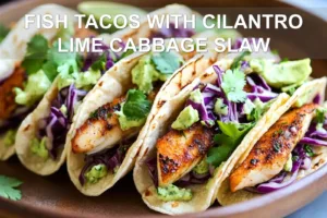 FISH TACOS WITH CILANTRO LIME CABBAGE SLAW centered hero view, clean and uncluttered