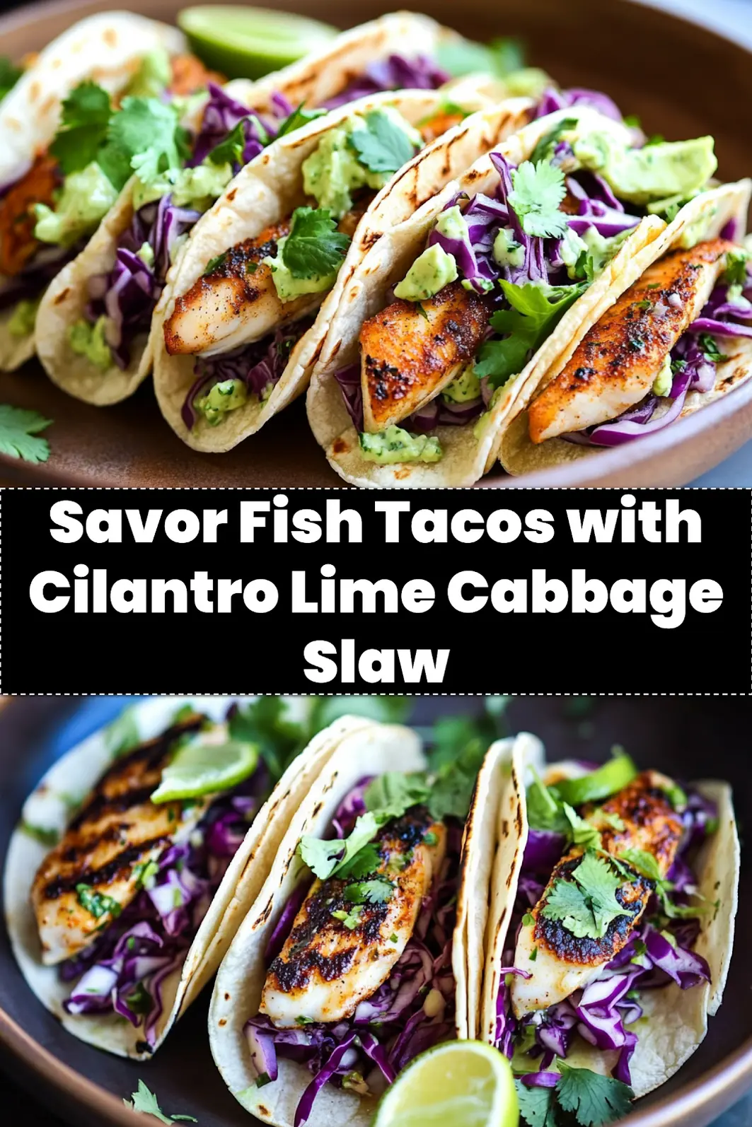 FISH TACOS WITH CILANTRO LIME CABBAGE SLAW centered hero view, clean and uncluttered_pin