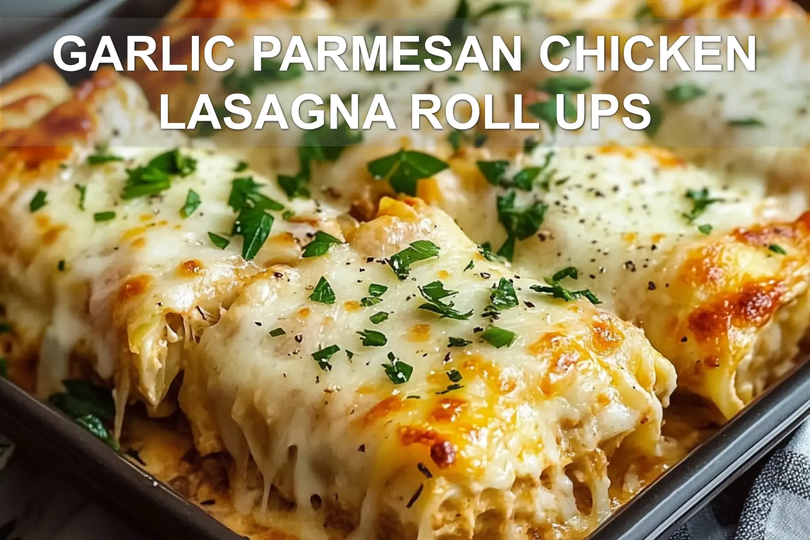 GARLIC PARMESAN CHICKEN LASAGNA ROLL UPS centered hero view, clean and uncluttered