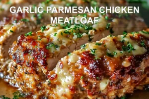 GARLIC PARMESAN CHICKEN MEATLOAF centered hero view, clean and uncluttered