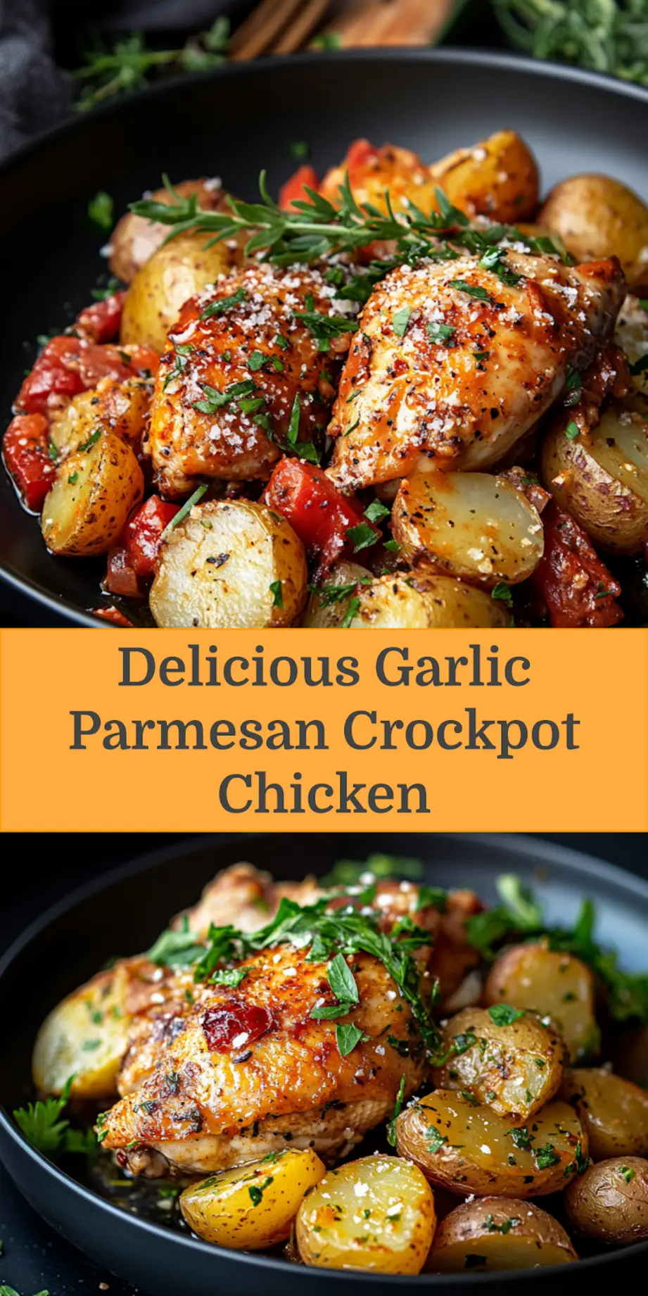GARLIC PARMESAN CROCKPOT CHICKEN AND POTATOES centered hero view, clean and uncluttered_pin
