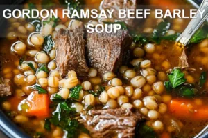 GORDON RAMSAY BEEF BARLEY SOUP centered hero view, clean and uncluttered