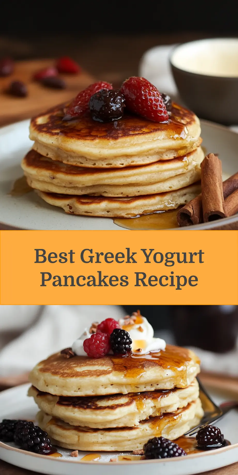 GREEK YOGURT PANCAKES centered hero view, clean and uncluttered_pin