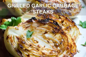 GRILLED GARLIC CABBAGE STEAKS centered hero view, clean and uncluttered