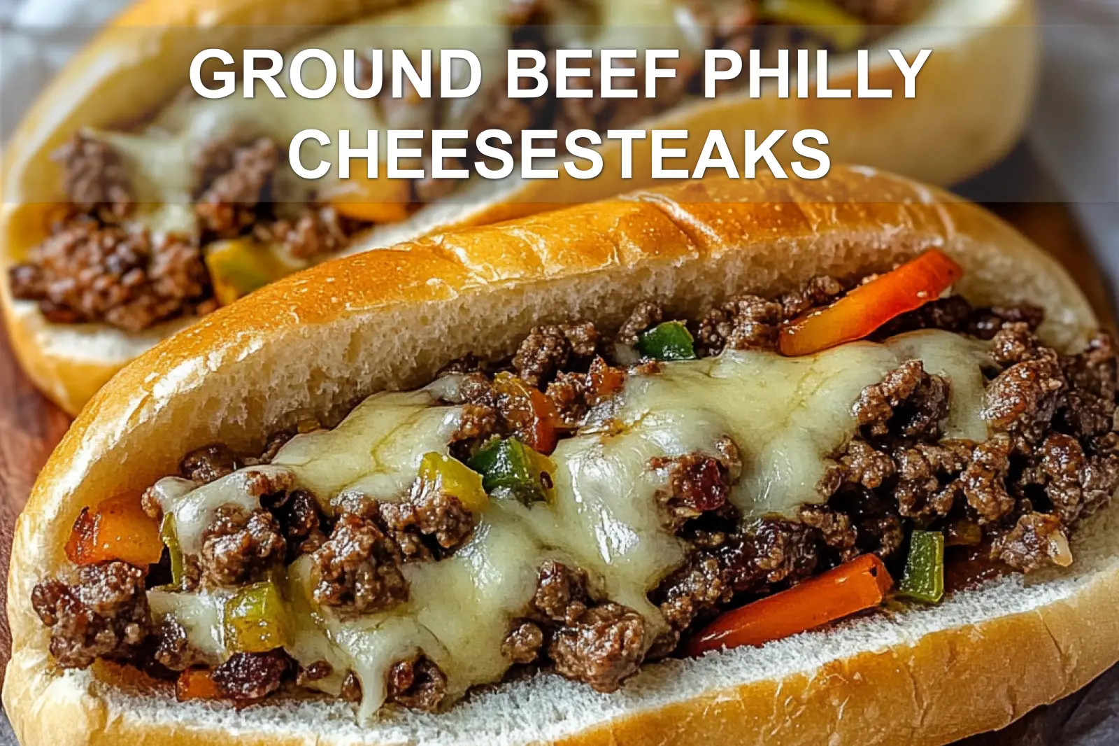 How to Make Ground Beef Philly Cheesesteaks 2 GROUND BEEF PHILLY CHEESESTEAKS centered hero view, clean and uncluttered