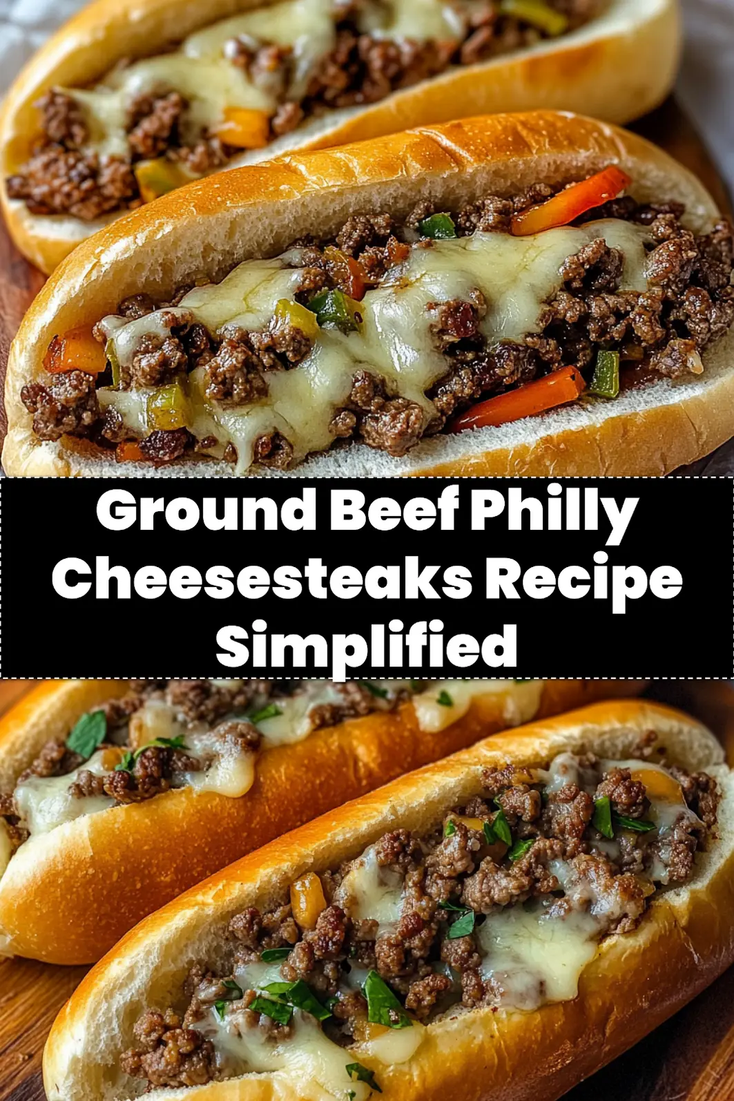 How to Make Ground Beef Philly Cheesesteaks 4 GROUND BEEF PHILLY CHEESESTEAKS centered hero view, clean and uncluttered_pin
