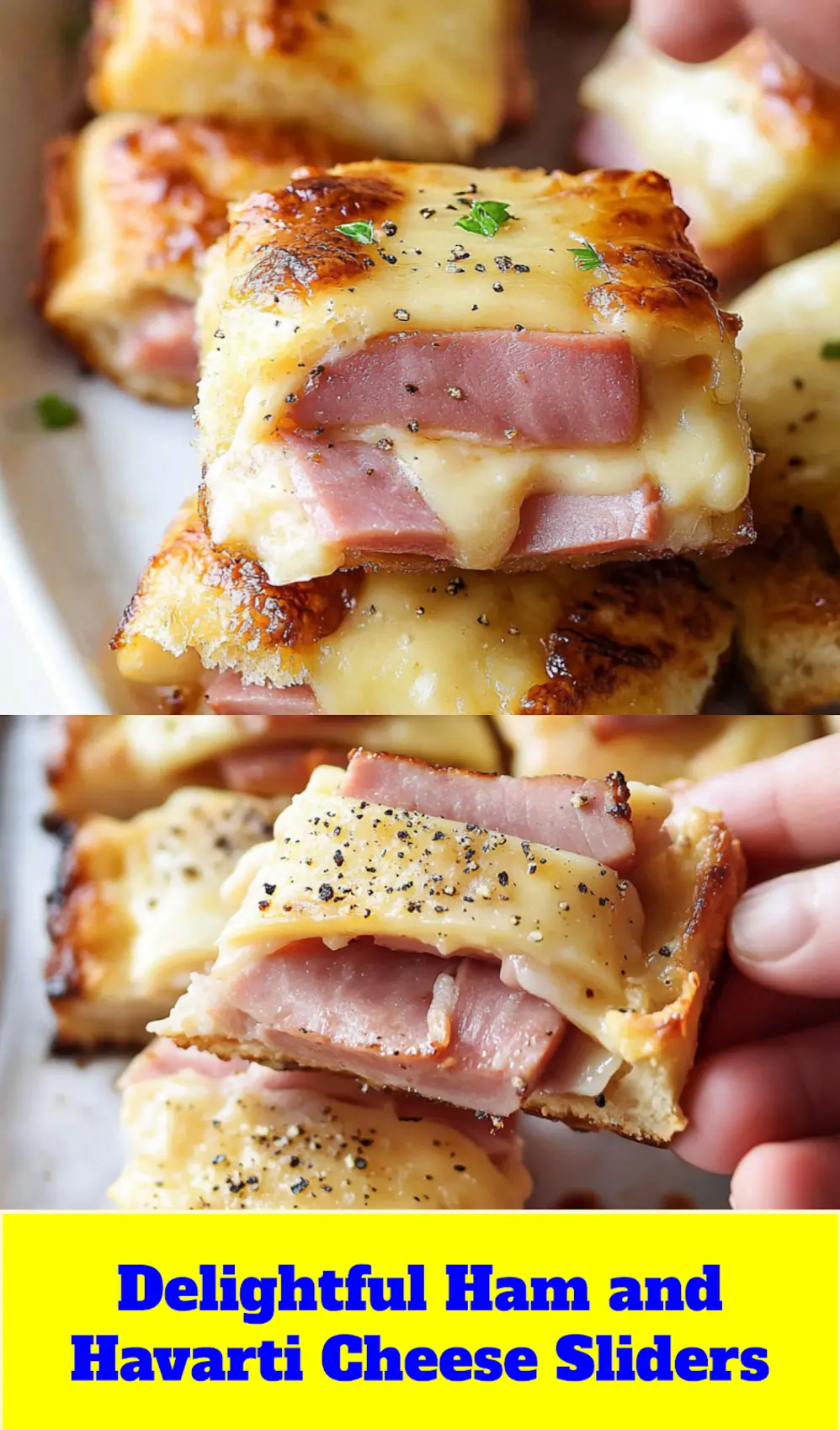 HAM AND HAVARTI CHEESE SLIDERS centered hero view, clean and uncluttered_pin