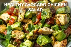 HEALTHY AVOCADO CHICKEN SALAD centered hero view, clean and uncluttered