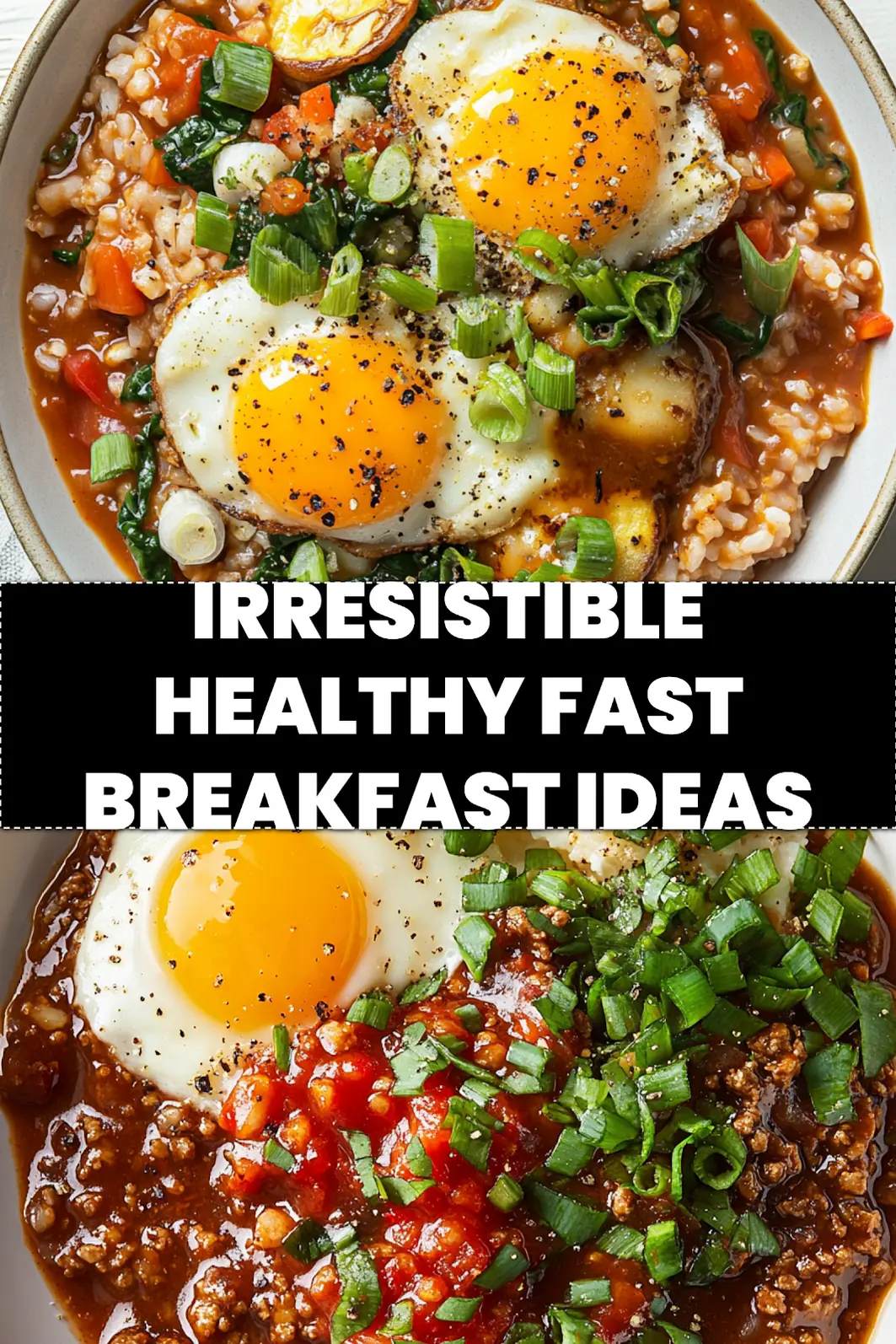 Pin graphic: A close-up of a healthy fast breakfast featuring scrambled eggs, spinach, and cottage cheese, ready to enjoy.