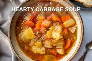 HEARTY CABBAGE SOUP centered hero view, clean and uncluttered