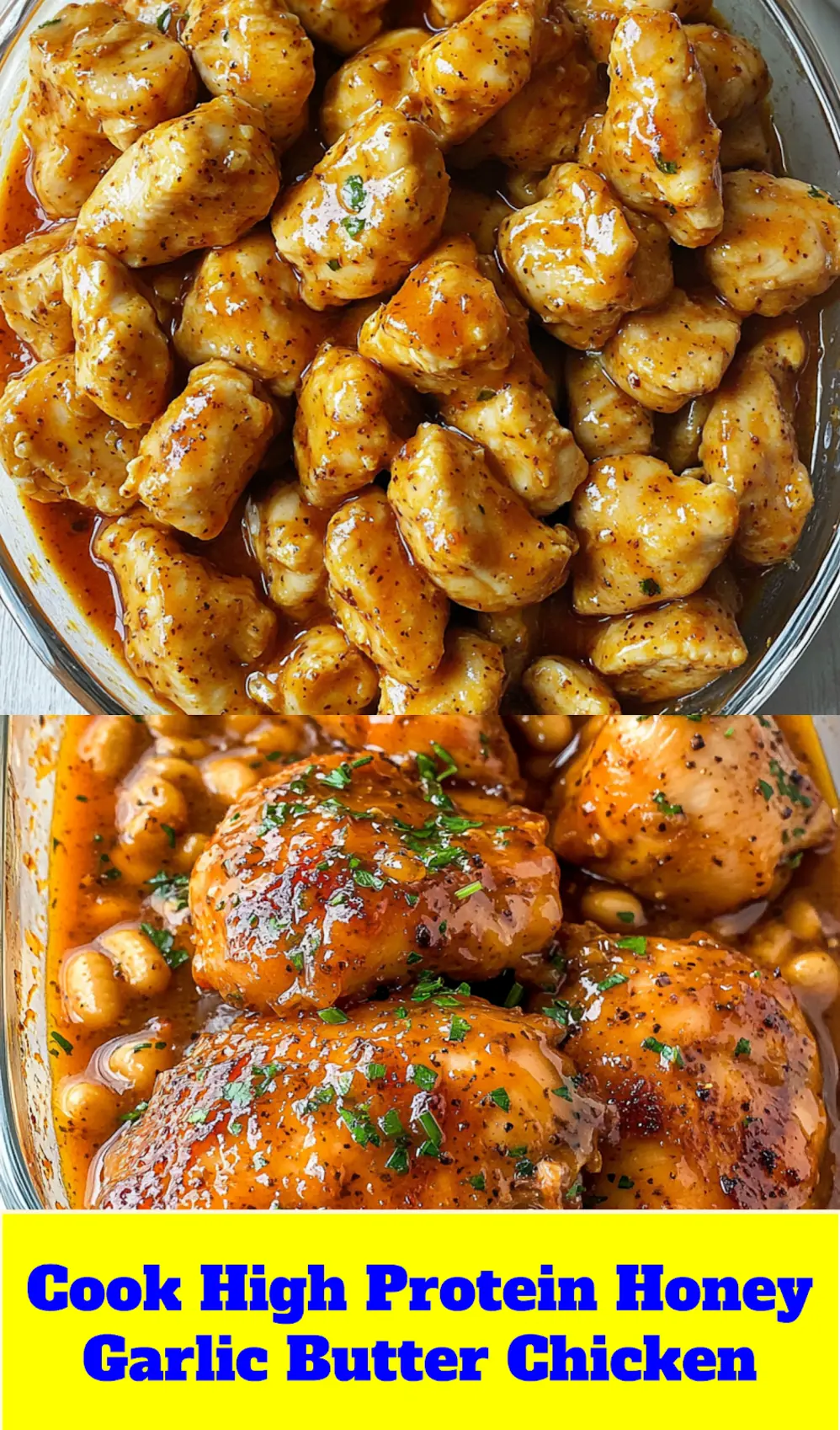 High Protein Honey Garlic Butter Chicken served with mac and cheese, ready for Pinterest saving.