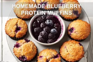 HOMEMADE BLUEBERRY PROTEIN MUFFINS centered hero view, clean and uncluttered