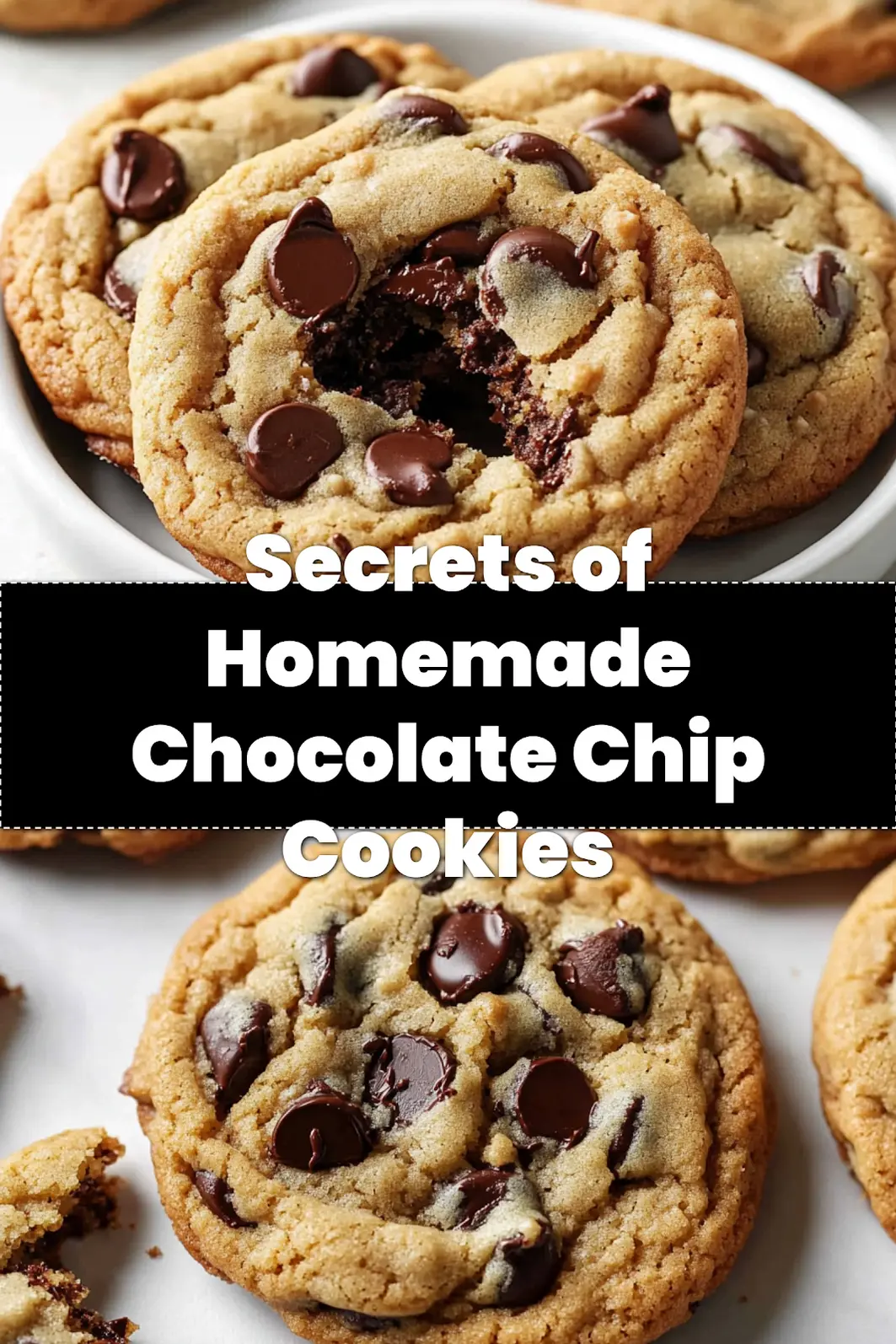 HOMEMADE CHOCOLATE CHIP COOKIES pin image, centered hero view, clean and uncluttered