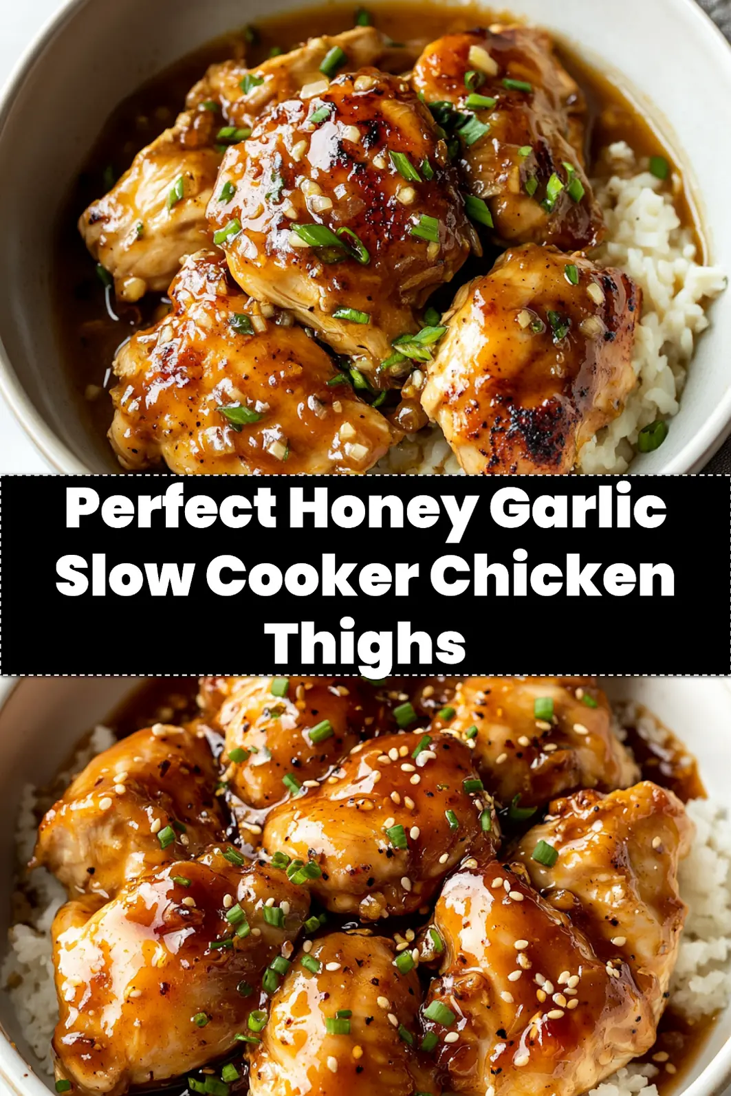 Honey Garlic Slow Cooker Chicken Thighs: Delicious and Easy 4 HONEY GARLIC SLOW COOKER CHICKEN THIGHS centered hero view, clean and uncluttered_pin