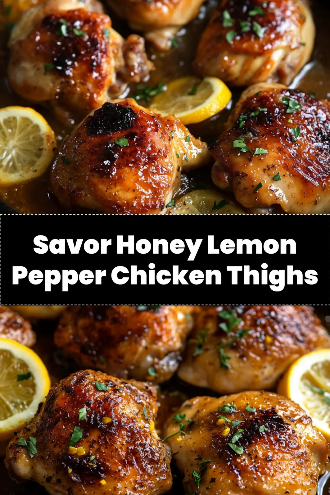 HONEY LEMON PEPPER CHICKEN THIGHS centered hero view, clean and uncluttered_pin