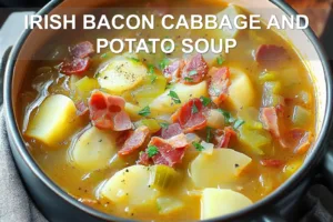 IRISH BACON CABBAGE AND POTATO SOUP centered hero view, clean and uncluttered