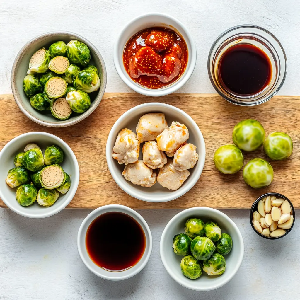 AIR FRYER SWEET CHILI CHICKEN AND BRUSSELS centered hero view, clean and uncluttered