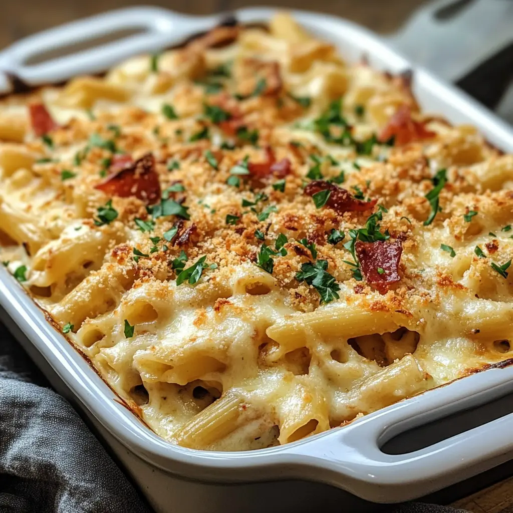 BAKED CRACK CHICKEN PENNE centered hero view, clean and uncluttered