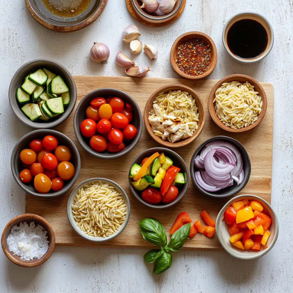 BALSAMIC CHICKEN VEGGIE ORZO centered hero view, clean and uncluttered