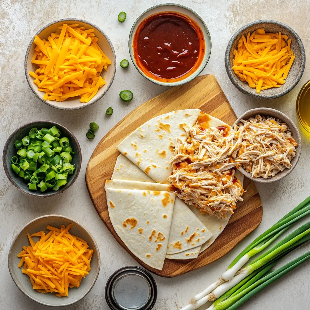BBQ CHICKEN QUESADILLAS centered hero view, clean and uncluttered