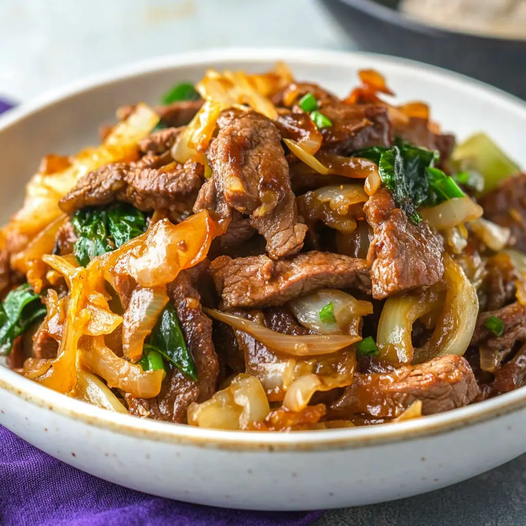 BEEF AND CABBAGE STIR FRY centered hero view, clean and uncluttered