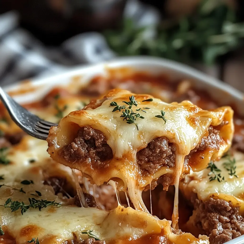 BEEF AND CHEESE RAVIOLI CASSEROLE centered hero view, clean and uncluttered