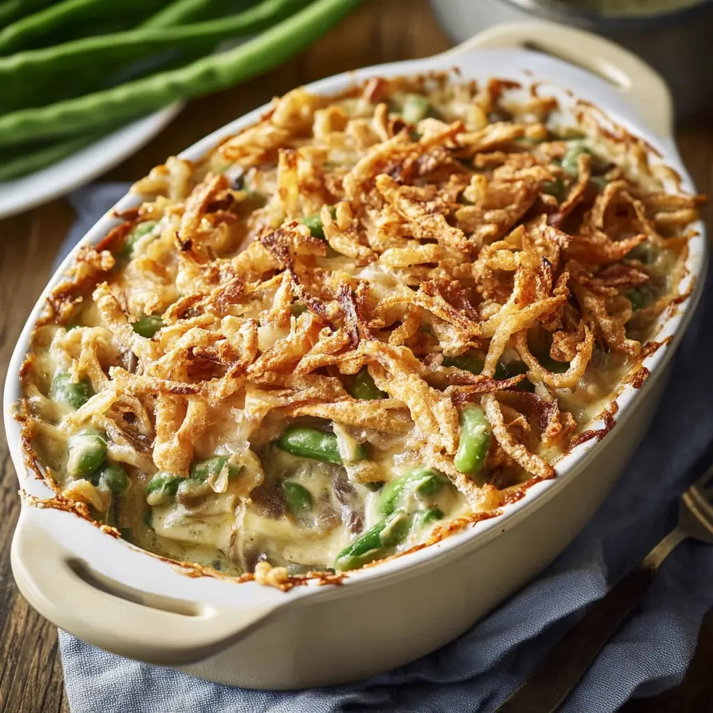 Campbells Green Bean Casserole centered hero view, clean and uncluttered