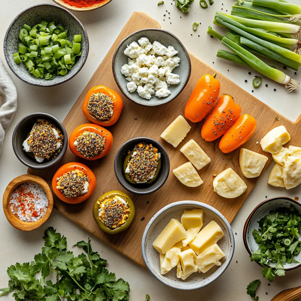 CHEESE BAGEL STUFFED MINI PEPPERS RECIPE centered hero view, clean and uncluttered