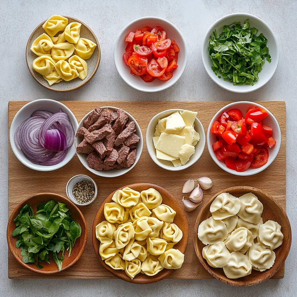 CHEESESTEAK TORTELLINI RICH PROVOLONE SAUCE centered hero view, clean and uncluttered