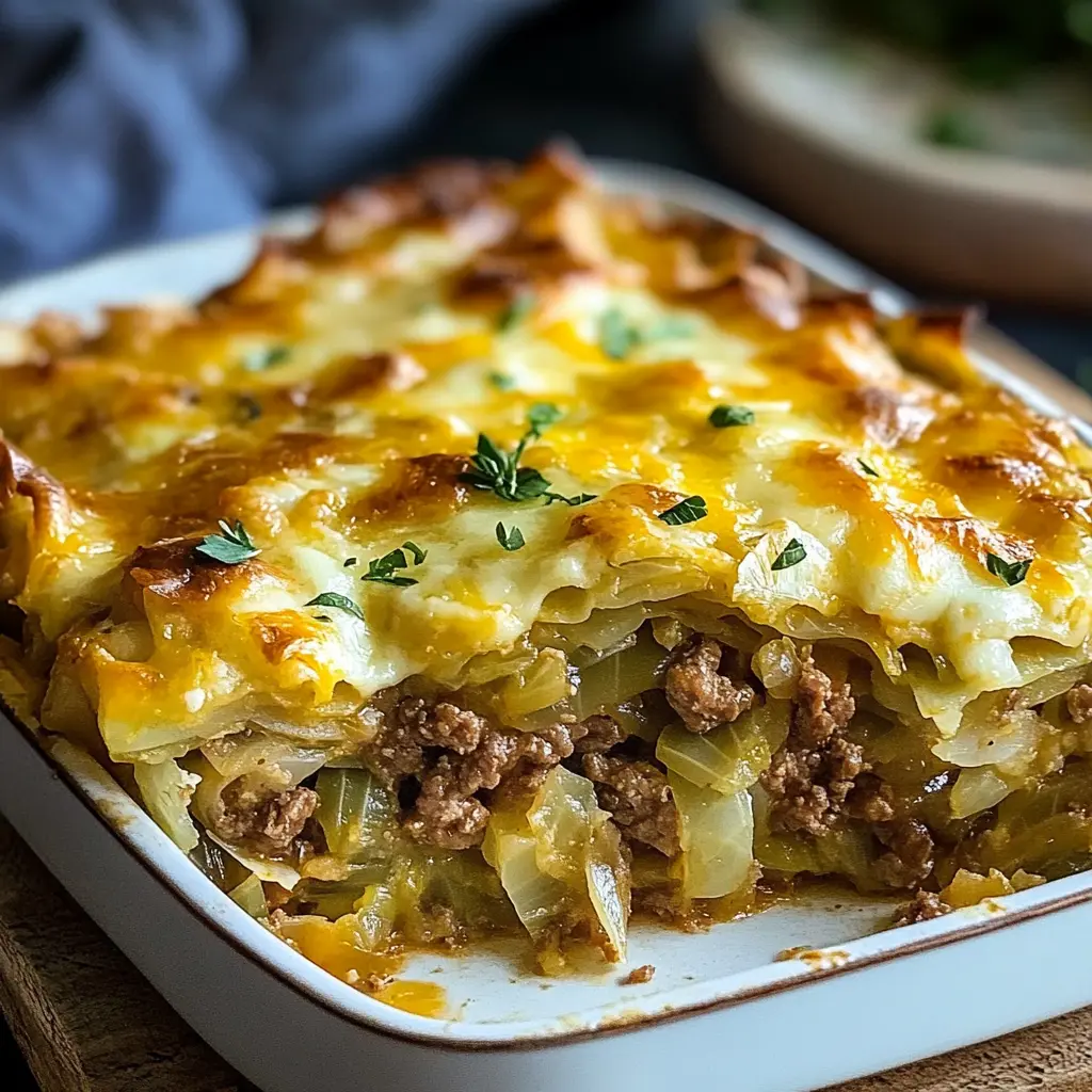 Irresistibly Cheesy Cabbage Beef Casserole Recipe 3 CHEESY CABBAGE BEEF CASSEROLE centered hero view, clean and uncluttered