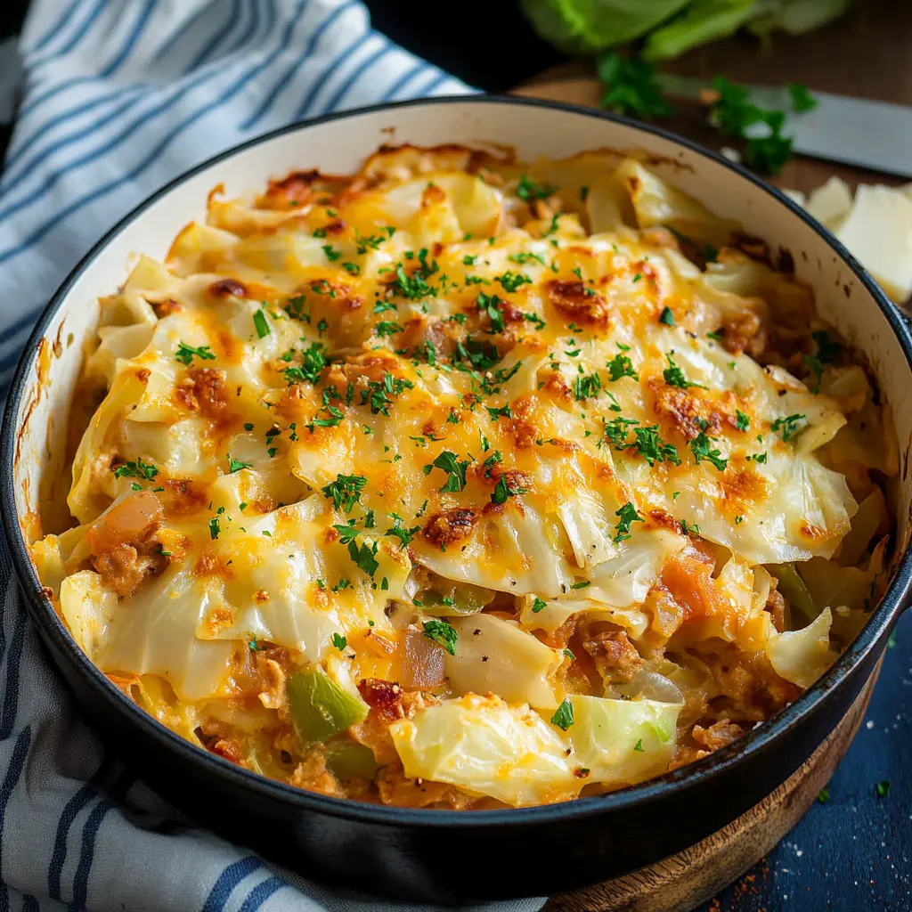 Easy Cheesy Cabbage Casserole for Cozy Dinners 3 CHEESY CABBAGE CASSEROLE centered hero view, clean and uncluttered
