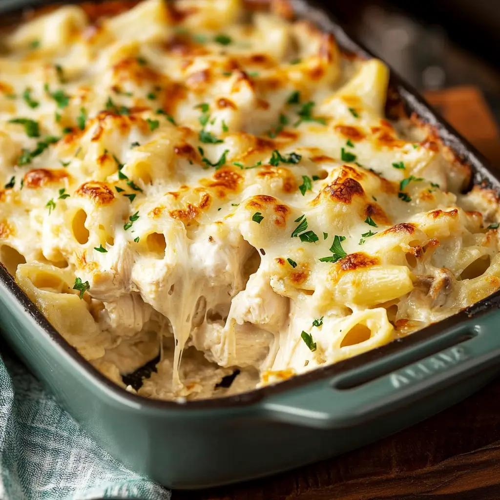 CHICKEN ALFREDO BAKE centered hero view, clean and uncluttered