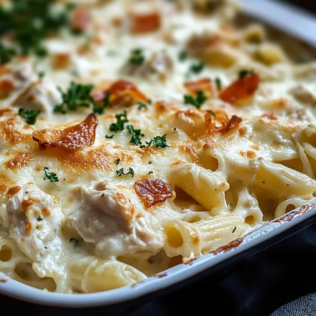 CHICKEN ALFREDO CASSEROLE centered hero view, clean and uncluttered
