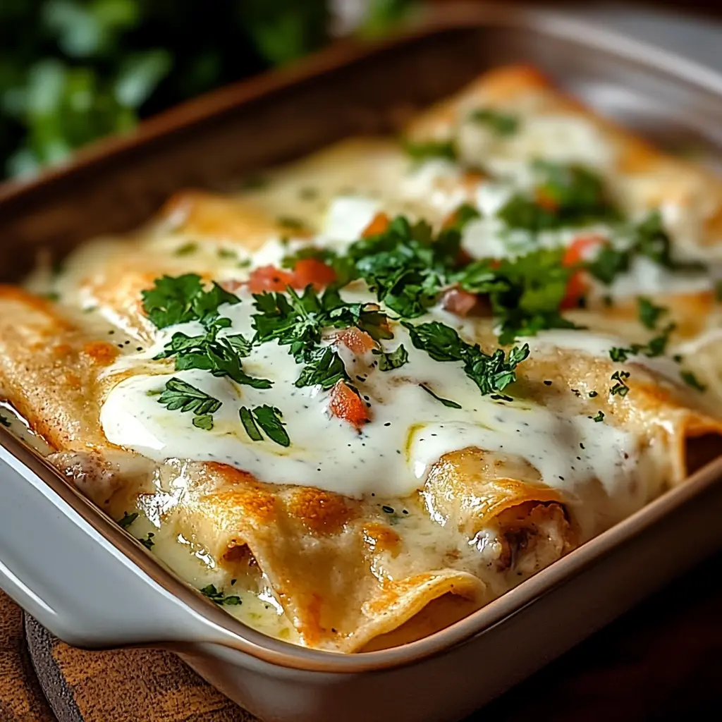 CHICKEN ENCHILADAS WITH SOUR CREAM WHITE SAUCE centered hero view, clean and uncluttered