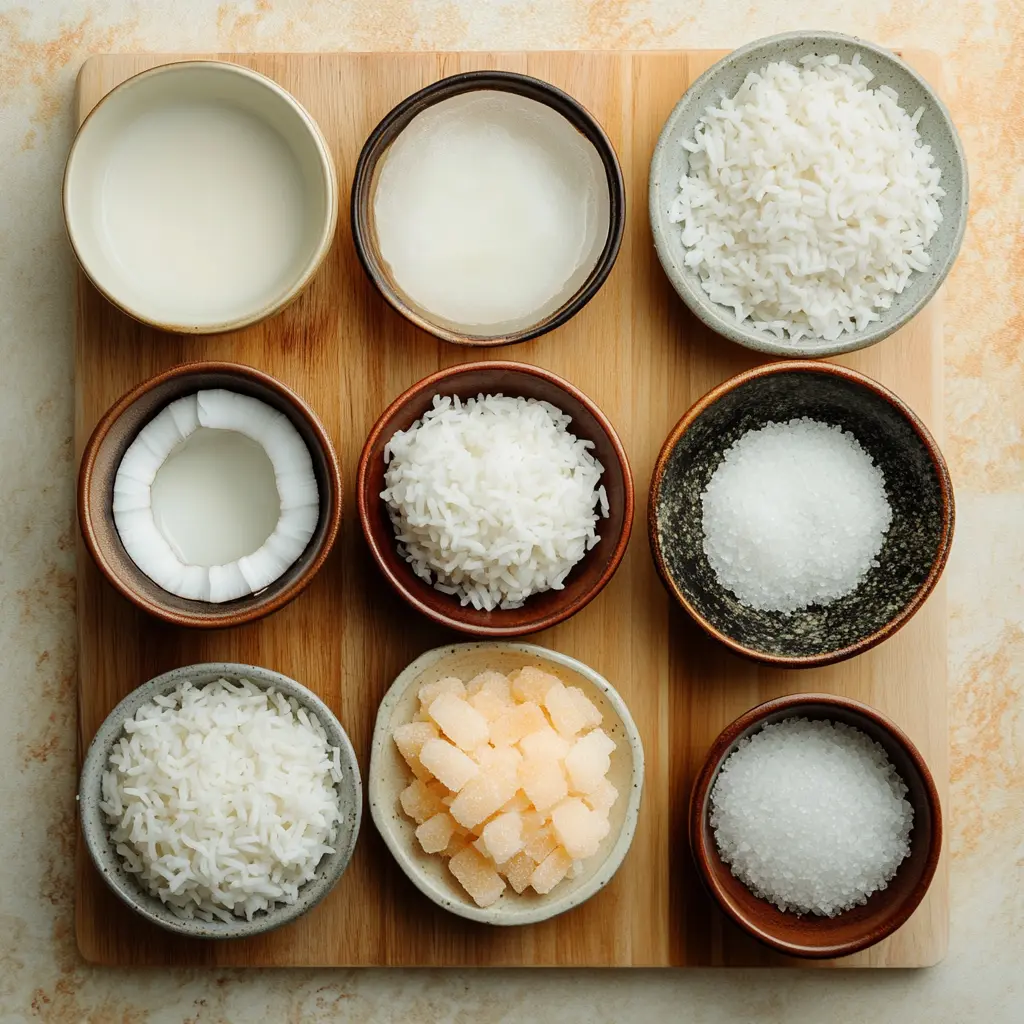 Ingredients for coconut rice recipe, neatly arranged and clean
