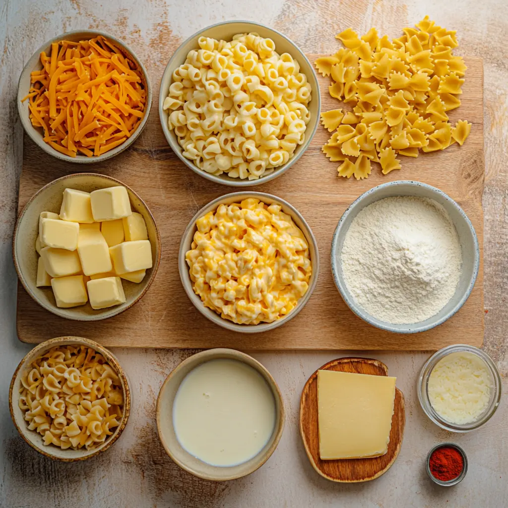 Love Cozy Creamy Baked Mac and Cheese? Try This Recipe 3 Ingredients for Cozy Creamy Baked Mac and Cheese laid out in bowls and containers