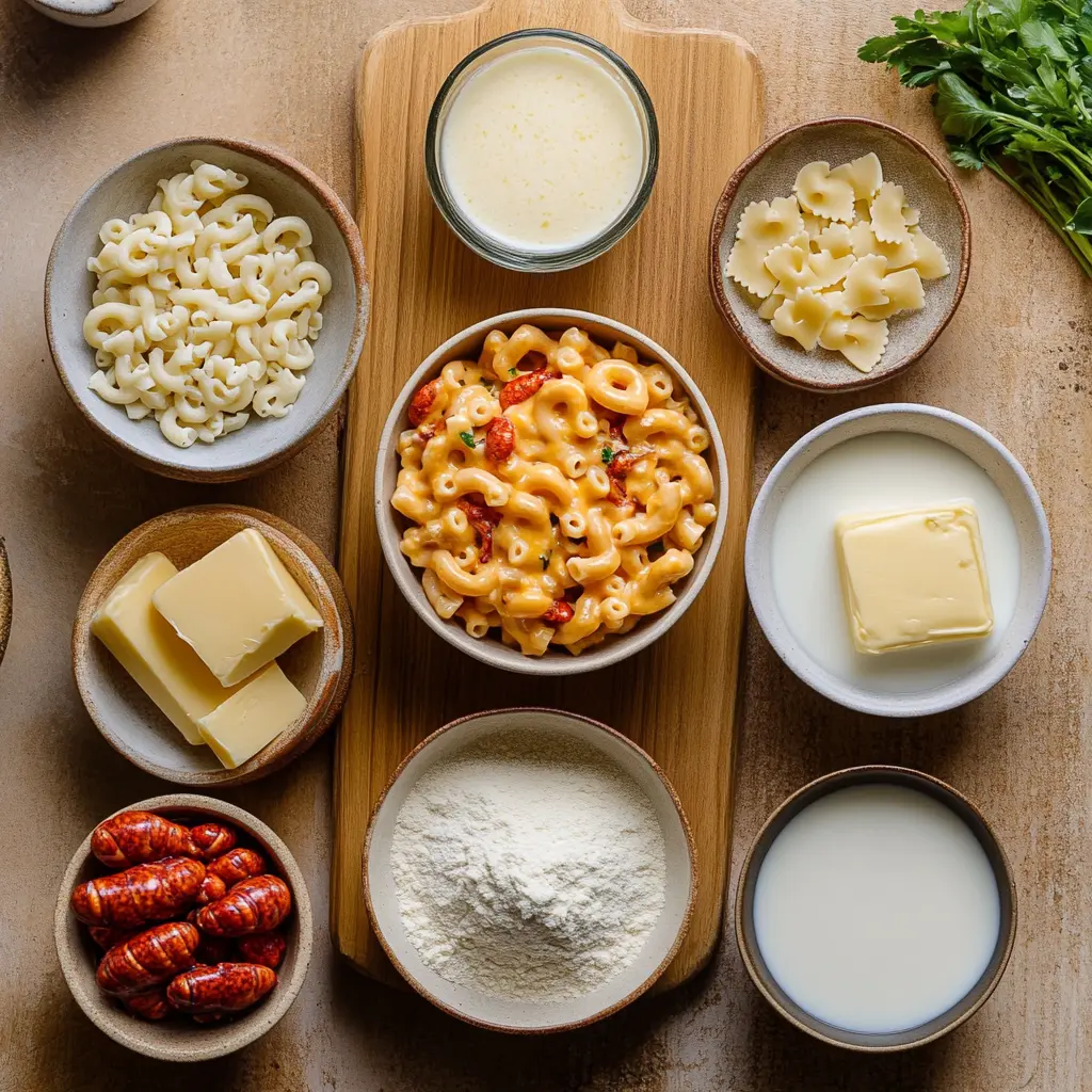 CRAWFISH MAC AND CHEESE centered hero view, clean and uncluttered