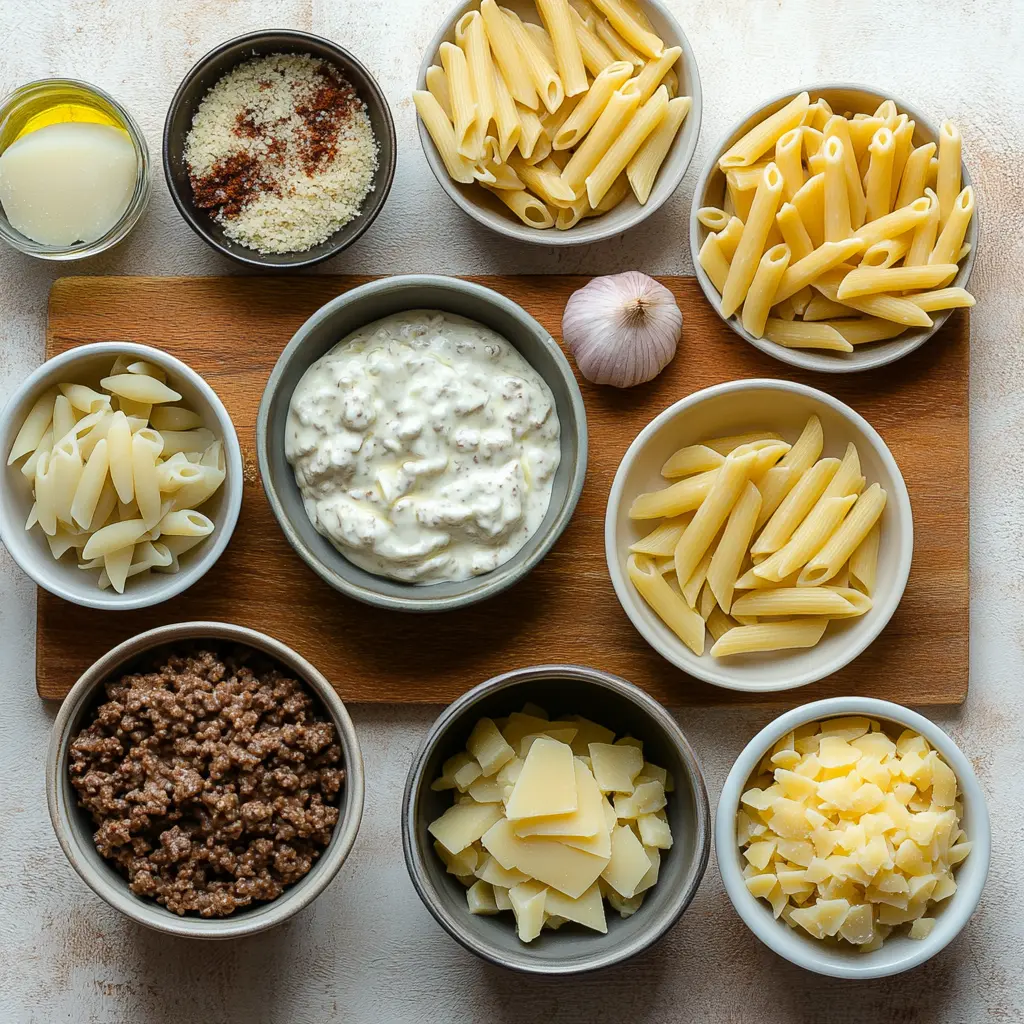 CREAMY BEEF PASTA RECIPE centered hero view, clean and uncluttered