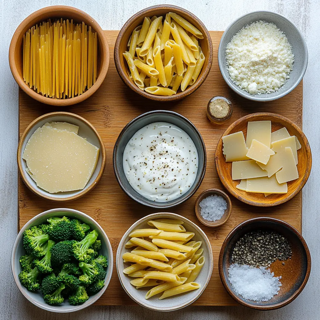 CREAMY BROCCOLI PASTA centered hero view, clean and uncluttered
